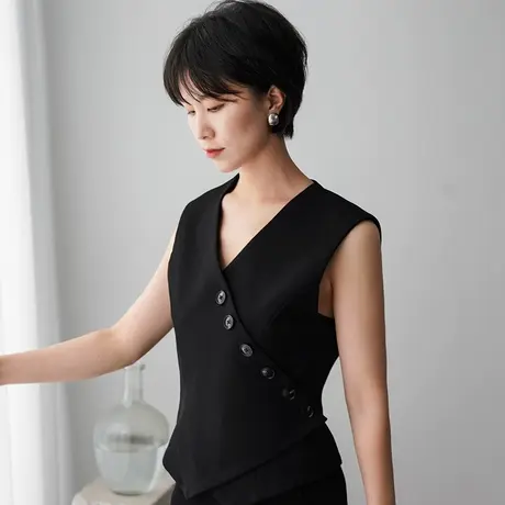 黑色背心女士马甲无袖2023新款V领单排扣新中式复古西装马夹薄款商品大图