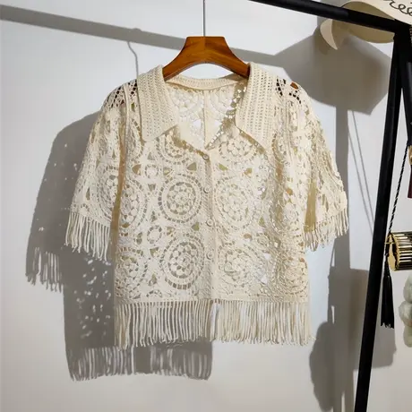 钩花镂空流苏短袖开衫女夏季新款洋气复古减龄显瘦针织衫上衣外穿商品大图