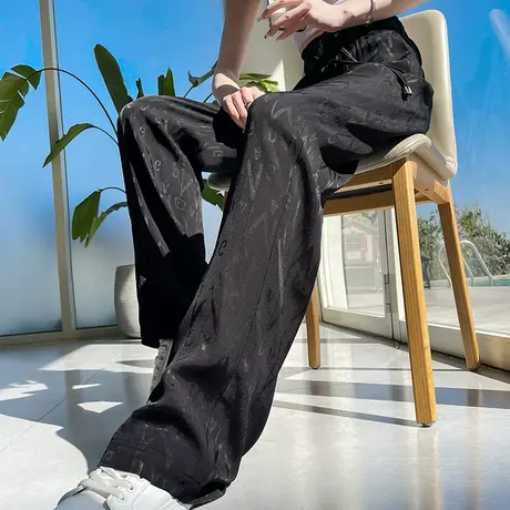黑色冰丝阔腿裤女春夏高腰垂感窄版宽松显瘦印花防晒休闲直筒裤薄商品大图