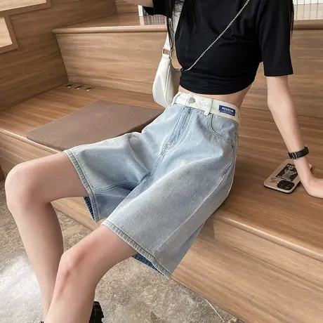 浅色牛仔短裤女五分夏季薄款高腰a字直筒宽松显瘦撞色阔腿中裤潮图片