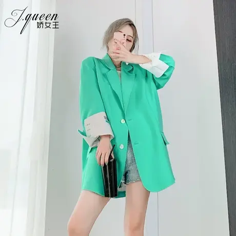 绿色西装外套女秋季新款宽松洋气廓形翻袖oversize宽肩炸街小西服图片