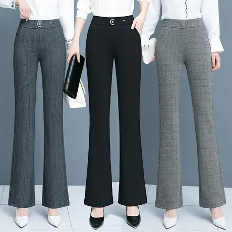 高腰显瘦格纹微喇裤女休闲西裤2023春秋新款英伦风女士通勤长裤图片