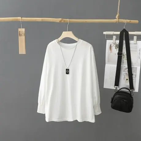 宽松圆领纯色套头长袖T恤女春季2023年新款休闲打底体恤衫上衣商品大图
