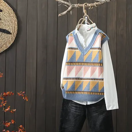 枫谜2020年秋冬新款提花拼色针织马夹女宽松套头V领针织坎肩上衣图片