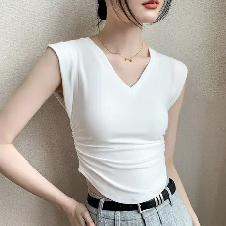 V领无袖T恤女2023夏季新款遮副乳性感短袖紧身收腰显瘦短款上衣商品大图