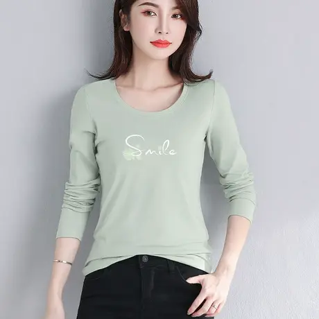 圆领长袖上衣女秋季短款内搭t恤百搭大码薄款胖mm修身显瘦打底衫图片