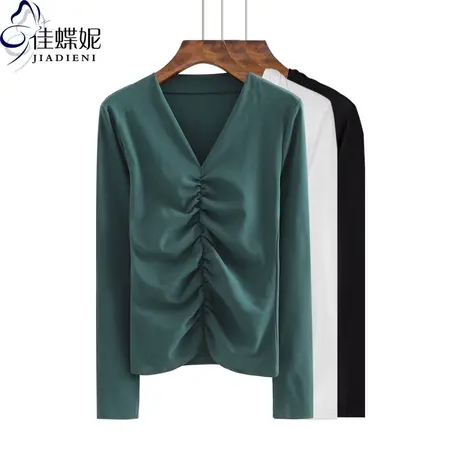 新韩版秋V领纯色简约修身显瘦褶皱纯棉长袖体恤上衣内搭女打底衫图片