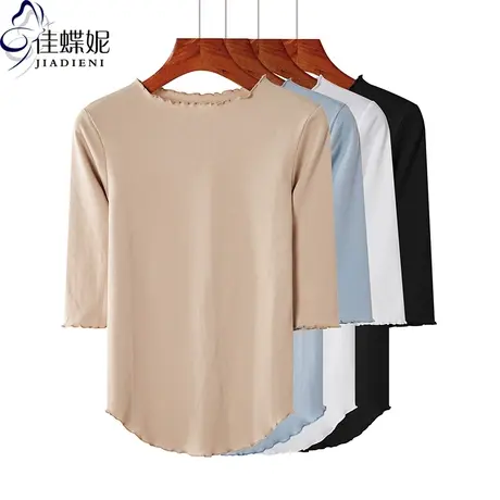 秋季新款韩纯白圆领荷叶边修身纯色燕尾摆纯欲中袖体恤上衣内搭女商品大图