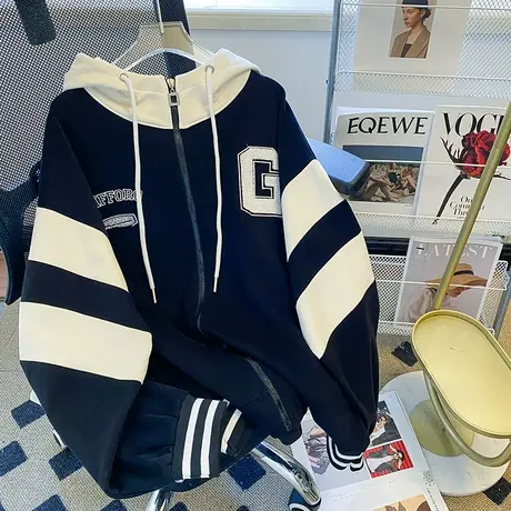 古着vintage设计感连帽卫衣女秋冬季加绒加厚ins潮牌宽松大码外套商品大图