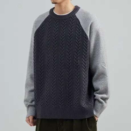 奕飏插肩袖撞色麻花加厚圆领毛衣男2022秋冬季新款潮流外穿针织衫图片