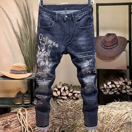 欧洲站高街牛仔裤男款修身弹力小脚裤高端图案印花潮流痞帅裤子男商品大图