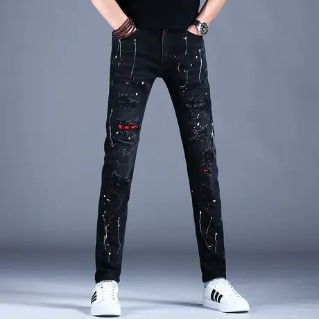 男士破洞牛仔裤男款美式高街泼墨喷漆裤子男2023新款黑色弹力秋款商品大图