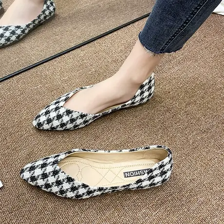 单鞋女法式高级感2023年新款夏季女士侧空小香风千鸟格平底豆豆鞋商品大图