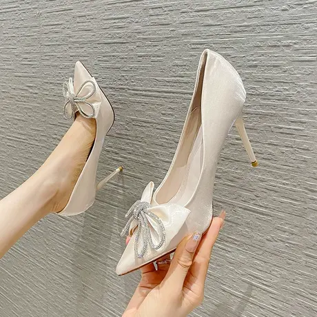 2023春夏新款尖头蝴蝶结水钻高跟鞋女细跟性感气质女神范浅口单鞋图片