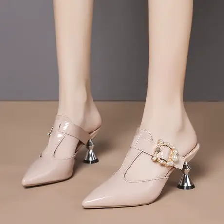 包头高跟拖鞋女时尚外穿2023夏季新款气质尖头法式半拖粗跟凉鞋女商品大图