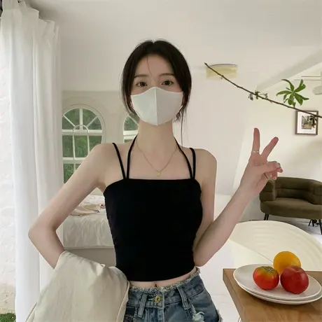 短款挂脖小吊带背心女夏季内搭带胸垫外穿打底抹胸裹胸上衣黑白色图片