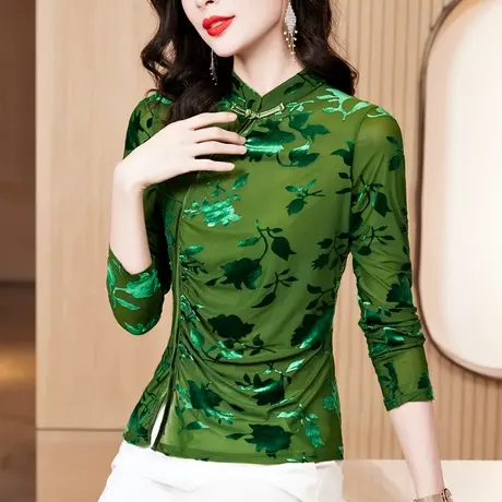 复古旗袍领打底衫女春秋新款气质丝绒碎花短款上衣长袖百搭t恤女商品大图