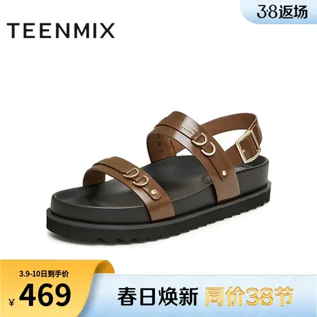 天美意一字带复古厚底凉鞋女外穿凉拖休闲拖鞋夏新款CQC14BL4图片