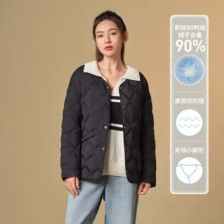 坦博尔2022新款菱格羽绒服女日系无领宽松短款百搭洋气秋冬外套商品大图