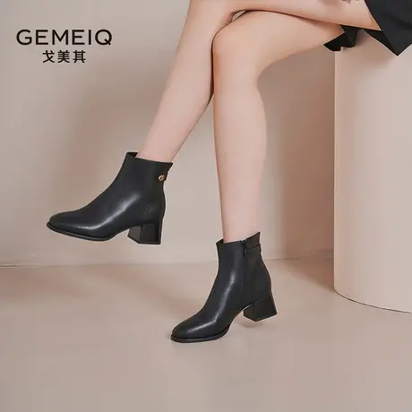戈美其真皮切尔西短靴女2023秋冬新款马丁靴百搭瘦瘦中跟法式短靴商品大图
