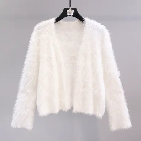 小清新水貂绒毛衣外套女秋冬2023新款设计感小众短款软糯针织开衫商品大图