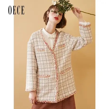 【买1送1】Oece冬新款女复古小香风格纹优雅双面呢大衣外套图片