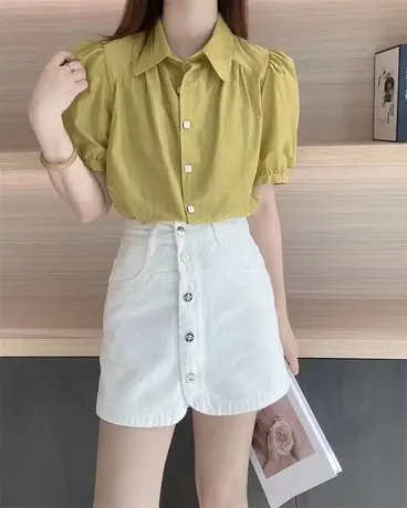 2023夏新款短袖衬衫纯色单排扣泡泡袖绿色衬衣显瘦翻领法式上衣女商品大图