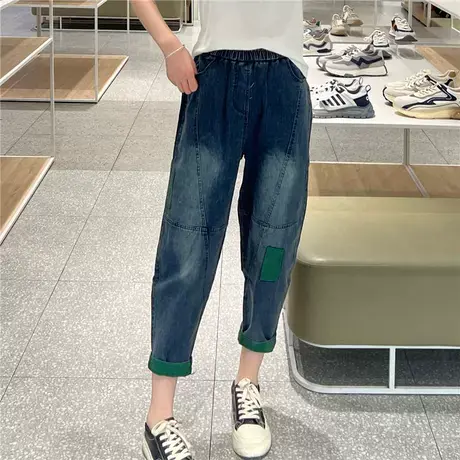 牛仔哈伦裤女宽松显瘦2023秋季新款文艺贴布萝卜裤大码老爹九分裤商品大图
