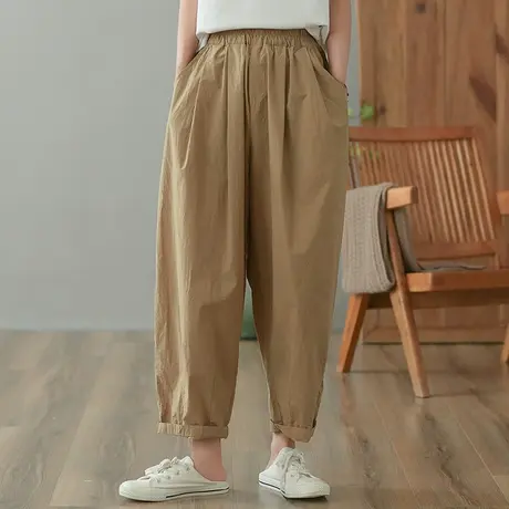 dza 高腰显瘦全棉休闲裤女2023夏薄款九分裤阔腿裤宽松百搭直筒裤商品大图