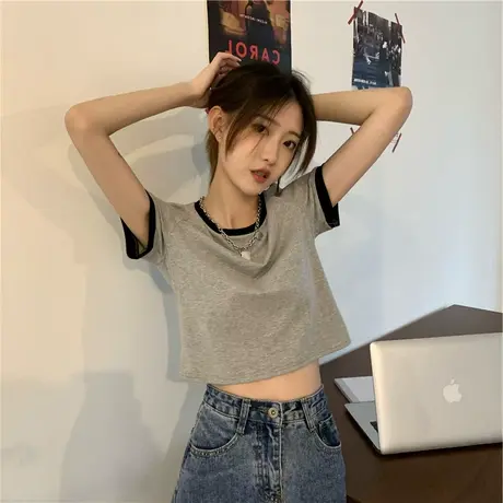 辣妹短款高腰修身显瘦上衣服设计感小众不规则短款T恤女夏ins潮图片