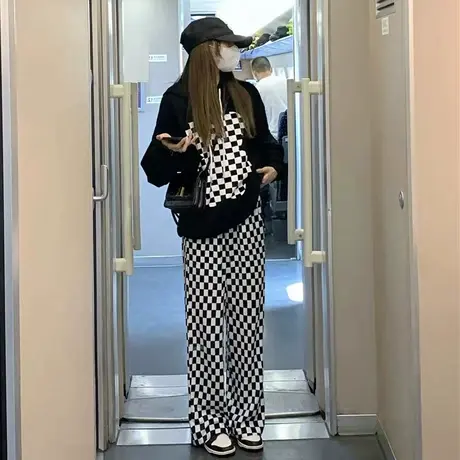 2023年春秋夏季新款跑步运动服休闲套装时尚洋气格子阔腿裤子女装图片