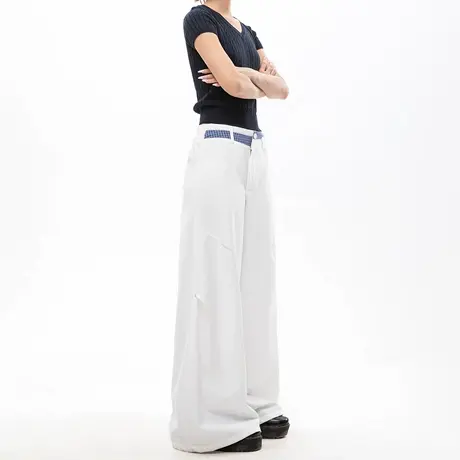 白色格纹拼接高腰阔腿裤女夏宽松bf慵懒风垂坠设计感休闲西装长裤图片