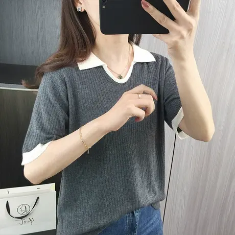 气质韩版polo领显瘦短袖针织衫T恤女2024春夏新款撞色宽松上衣潮商品大图