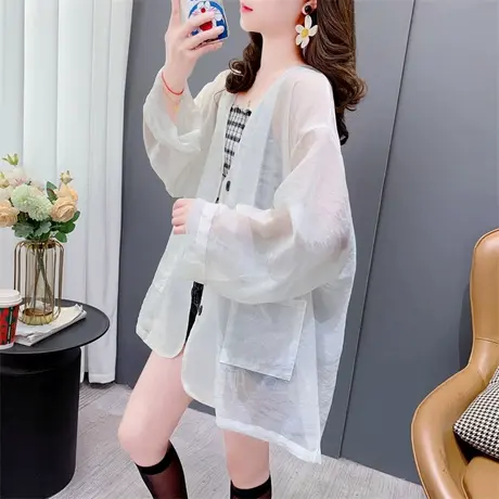 透视轻薄长袖雪纺防晒服衬衫女夏季新款休闲百搭V领空调衫外套潮商品大图