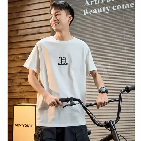 唐狮夏季新款男游泳涂鸦休闲运动短袖T恤白色打底纯棉上衣商品大图