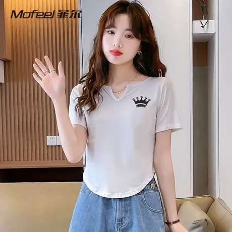 Mofeel菲尔女装辣妹上衣 2024夏季新款不规则衣摆短款印花短袖T恤商品大图