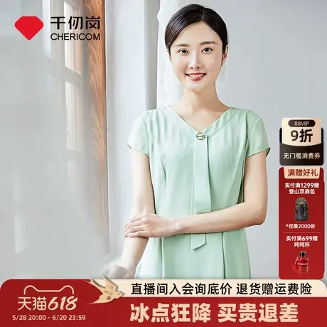 千仞岗夏季女V领气质显瘦常规连衣裙时尚宽松纯色通勤中长款裙子图片