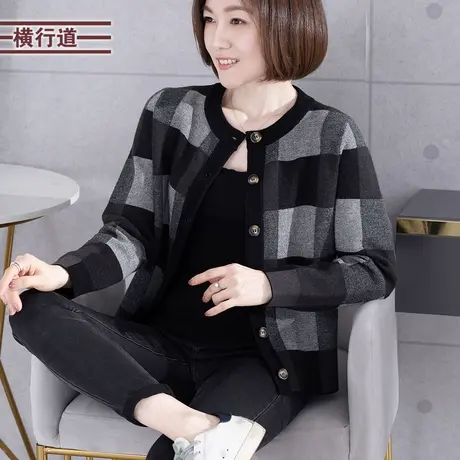 2023新款冬季女装针织衫短款外套胖mm圆领格子长袖开衫上衣外搭商品大图