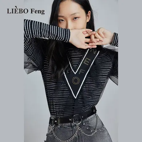 裂帛LIEBOFeng2023年春新款商场同款经典条纹飞飞袖雪纺蕾丝衫女图片