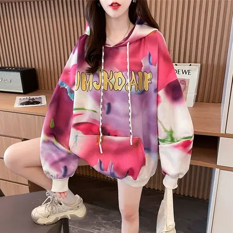 早秋装小个子连帽卫衣女2023新款春秋季韩版宽松薄款涂鸦扎染外套商品大图