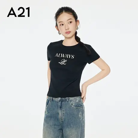 A21女装三色可选印花字母T恤2025夏秋新款简约圆领套头短袖上衣图片