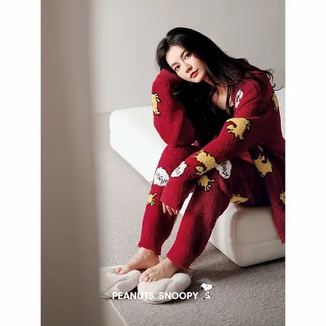 贝妍新婚睡衣冬季女款史努比珊瑚绒家居服保暖半边绒开衫结婚套装商品大图
