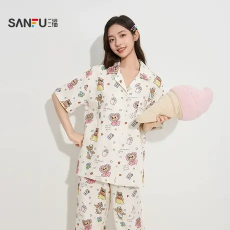 三福女秋季卡通短袖开扣睡衣套装 甜美休闲宽松家居服女504524商品大图