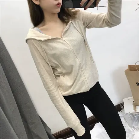 春秋薄款纯棉外套女连帽拉链卫衣显瘦外搭学生瑜伽运动服开衫上衣图片