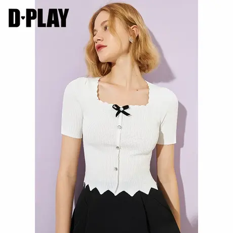 DPLAY德帕拉2022秋新甜美气质白方领蝴蝶结修身针织衫短袖薄上衣商品大图