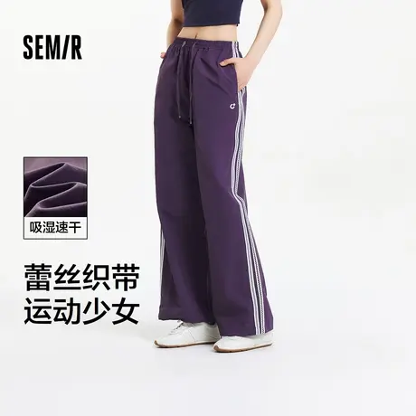 森马休闲裤女吸湿速干格子阔腿裤2025夏季新款撞色蕾丝长裤运动XY商品大图
