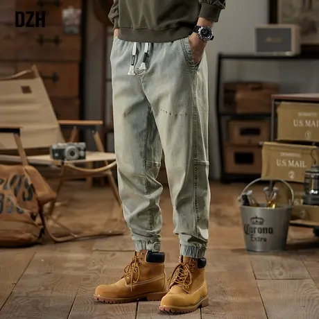 男士黄泥色复古牛仔裤男春秋款2023新款哈伦裤休闲束脚运动裤男款商品大图