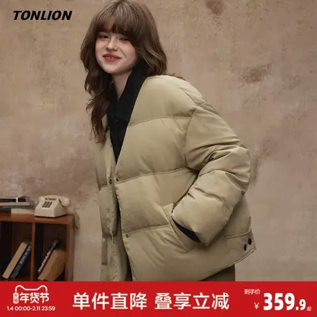 唐狮2026冬款羽绒服女款翻领牛仔拼接假两件短款羽绒服高级感商品大图