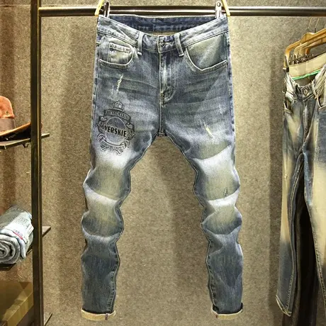 高档烫钻修身牛仔裤男士秋冬款弹力小脚裤潮牌磨破水洗男装裤子厚商品大图