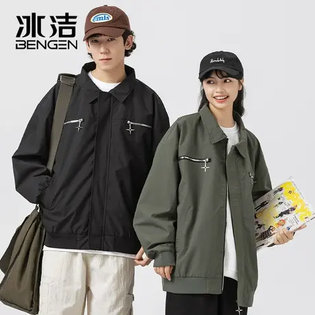 冰洁翻领工装夹克女2023秋季纯色拼接潮流情侣休闲百搭外套MYY商品大图